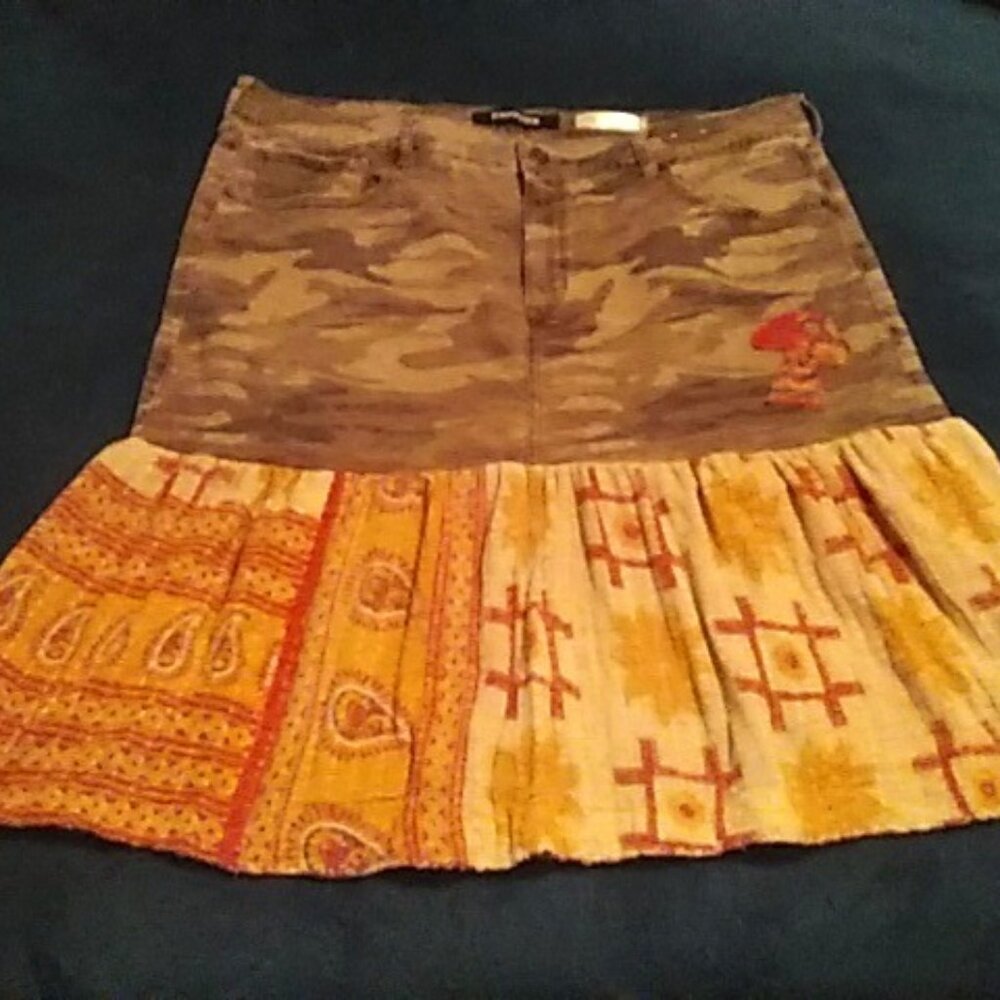 Skirt Express Camo Size 18 Stretch Mid Rise Kantha Mushroom Upcycled Boho
